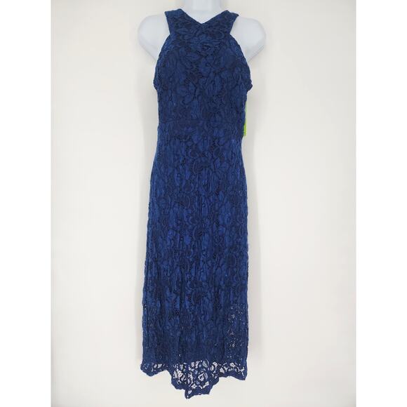 Sam Edelman Navy Blue Floral Lace Halter Midi Dress Size 2 NWT - Picture 1 of 11